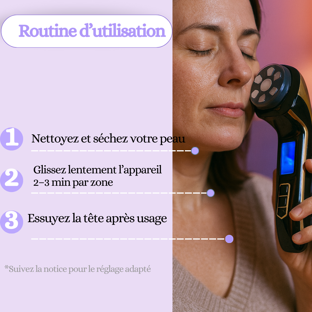 Routine RF en 3 étapes : nettoyer, glisser 2–3 minutes par zone, essuyer