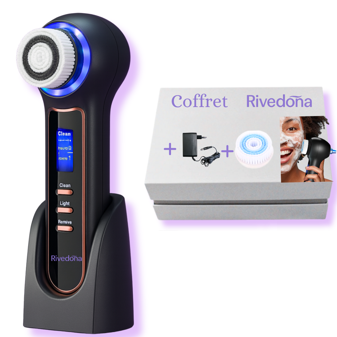 Brosse visage sonique Rivedoña sur fond blanc, écran LCD