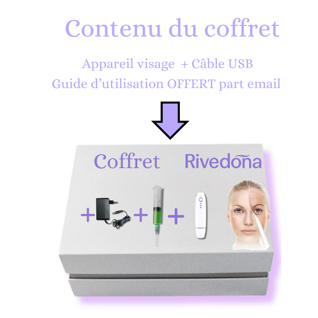 Coffret : appareil, embouts, câble, guide d’utilisation