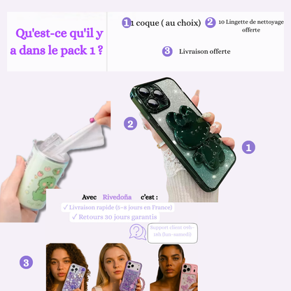 Coque iPhone ourson rose métal - Rivedoña