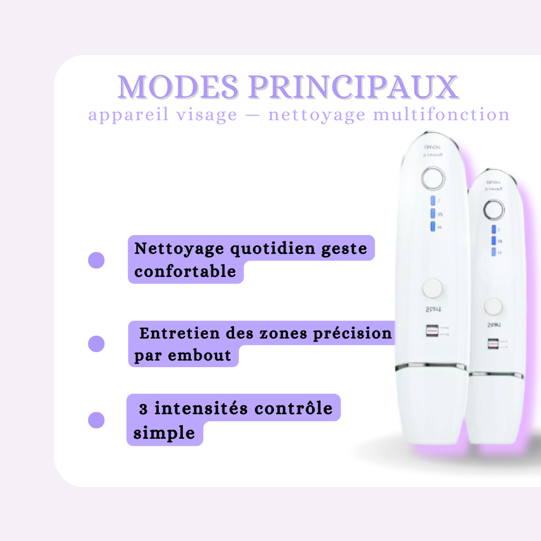 Modes : nettoyage quotidien doux, zones précises, intensité réglable
