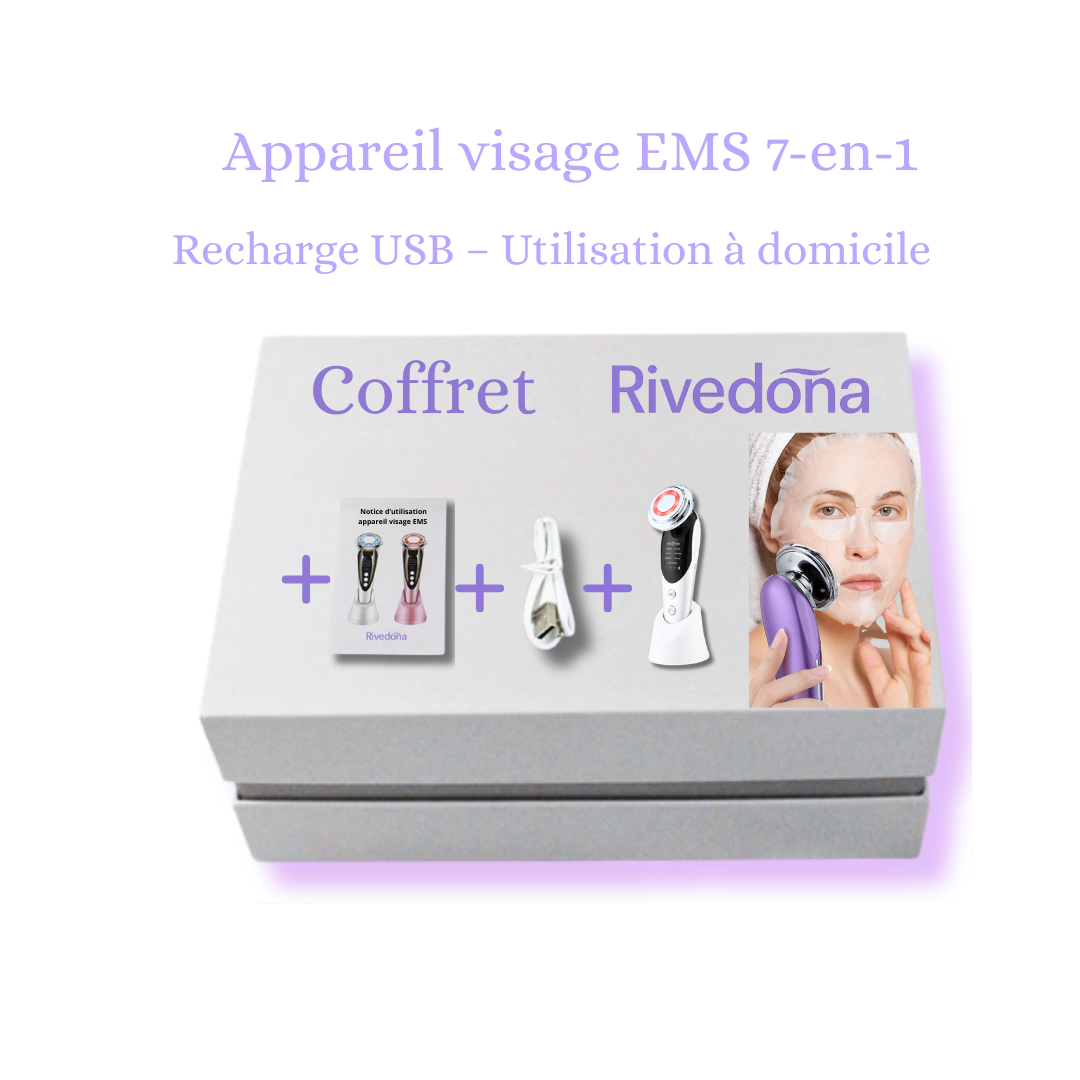 Coffret appareil visage ems 7 en 1 recharge USB l'appareil s'utilise à domicile le coffret contient : appareil EMS, base, chargeur , guide