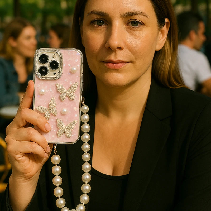Coque iPhone papillons luxe perlé - Rivedoña