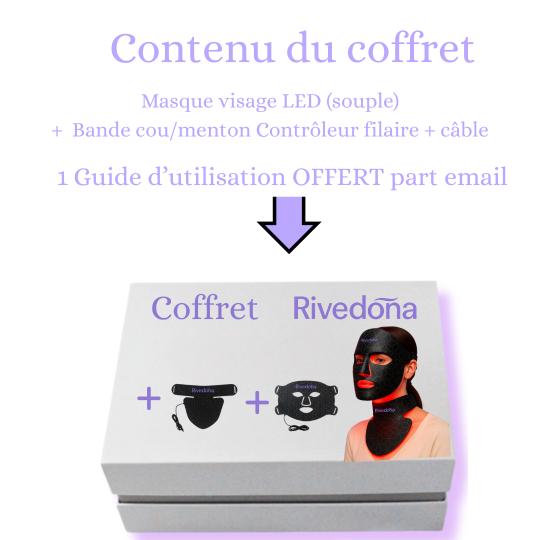 Contenu du coffret masque LED Rivedoña (face, cou, contrôleur, câble, guide, pochette)


