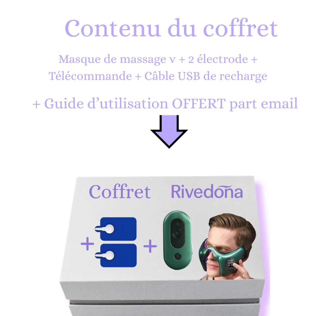 Pack complet : masque, télécommande, câble USB, 2 pads, manuel
