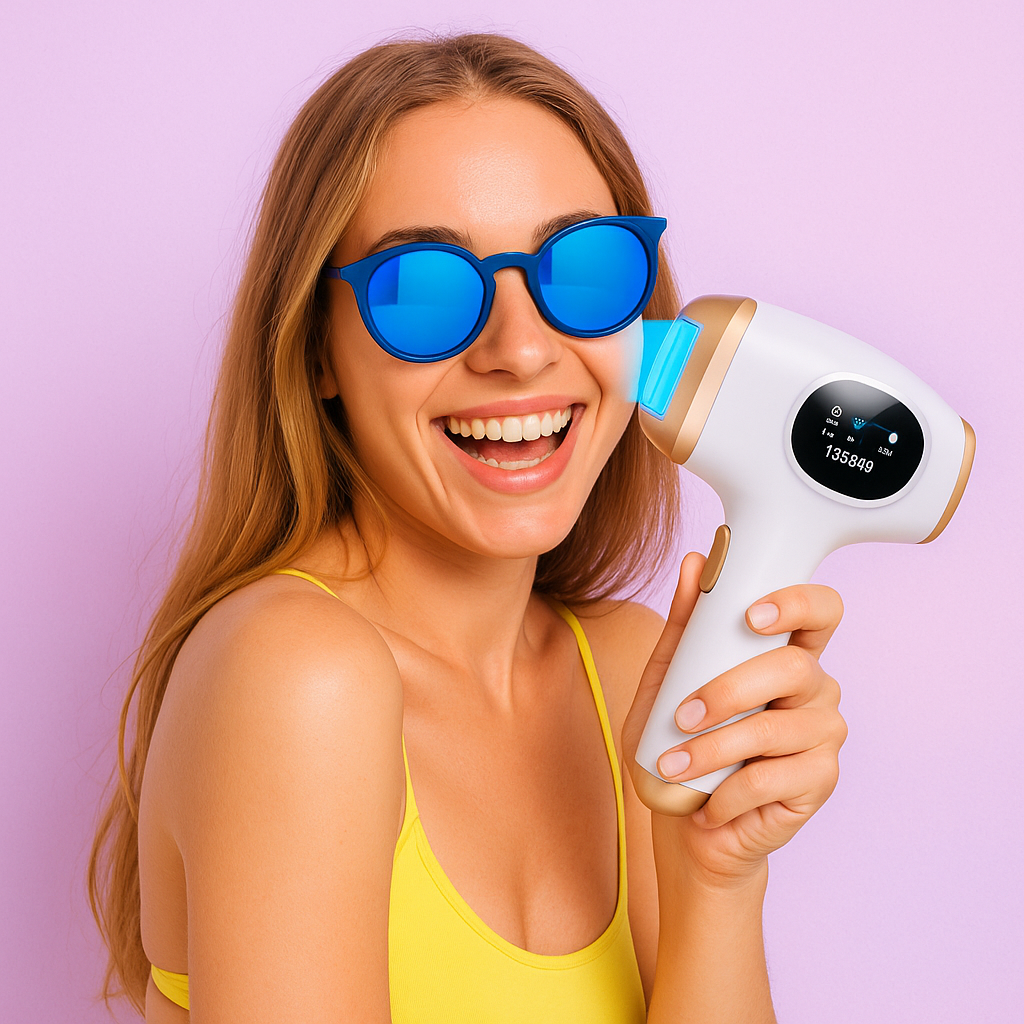 Femme souriante utilisant un appareil IPL blanc et doré à lumière pulsée, fond dégradé lavande et rose.