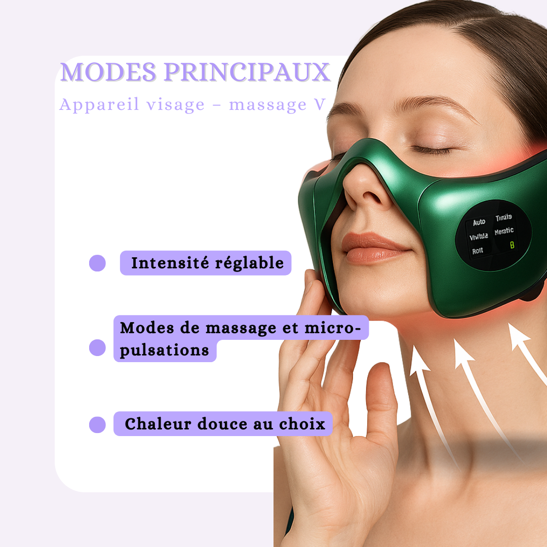 Détail écran/boutons du masque et télécommande, intensité réglable