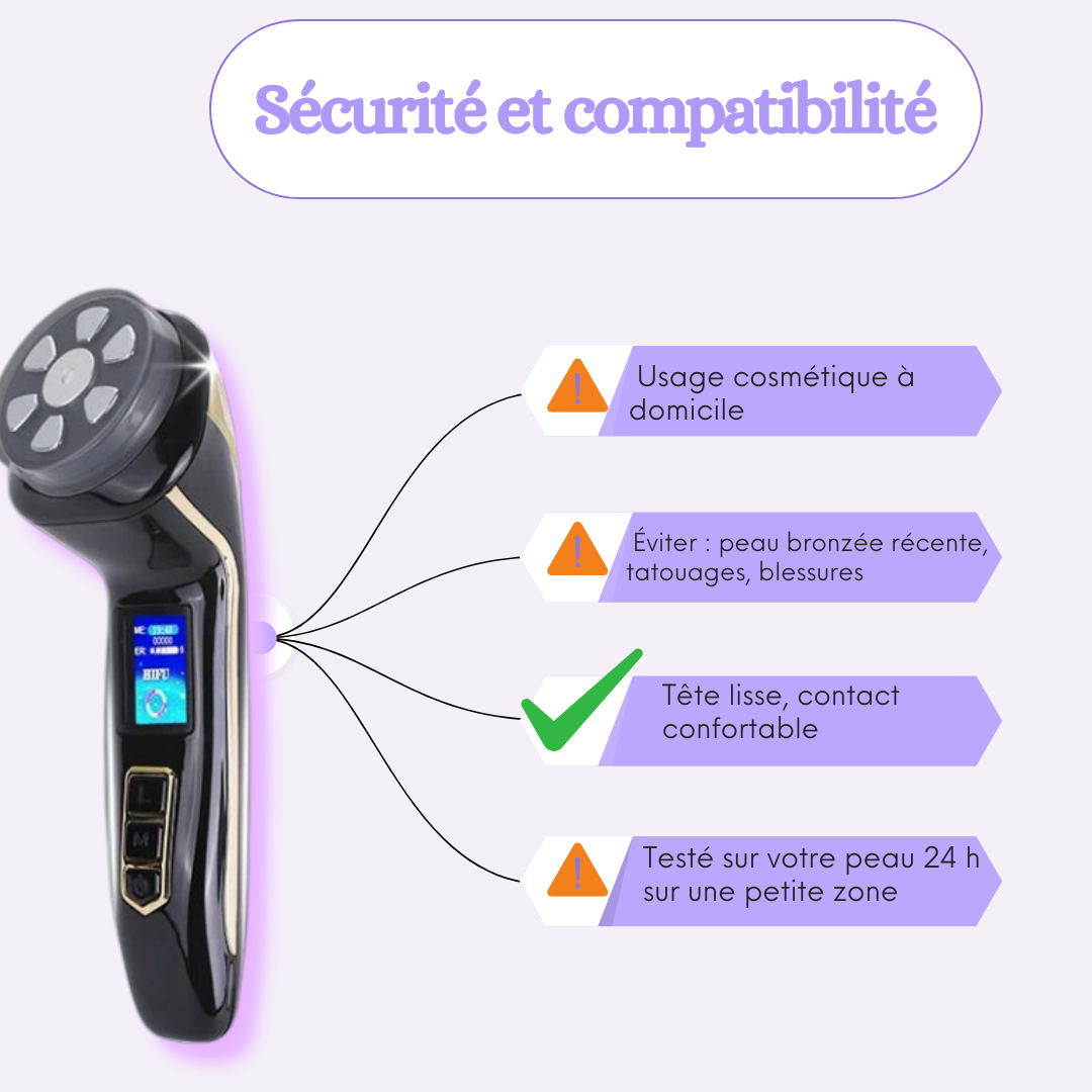 Confort et sécurité : tête lisse, nettoyage facile, précautions d’usage RF
