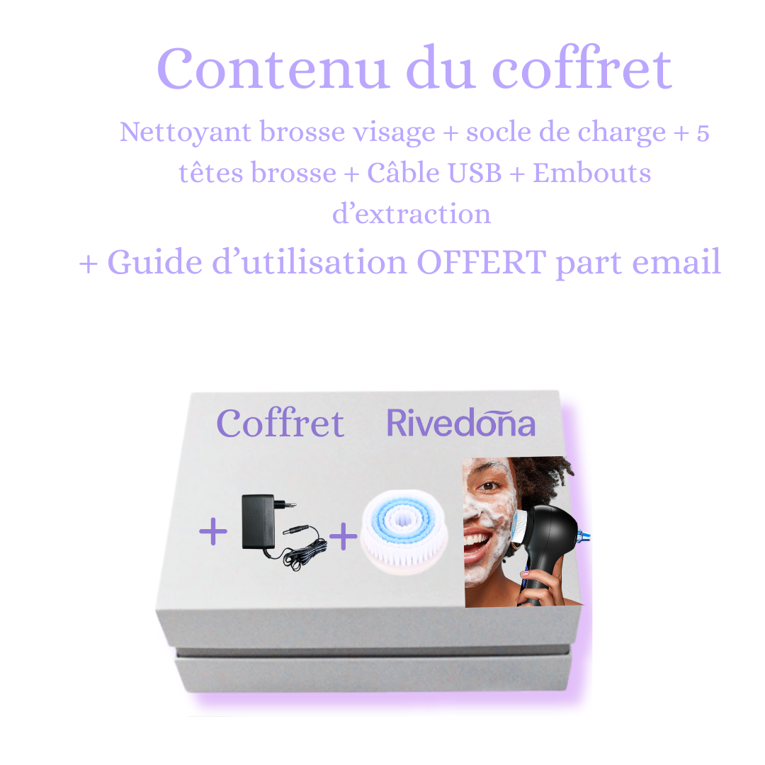 Contenu du coffret Rivedoña : brosse, socle, têtes, câble ,embout d'extraction
