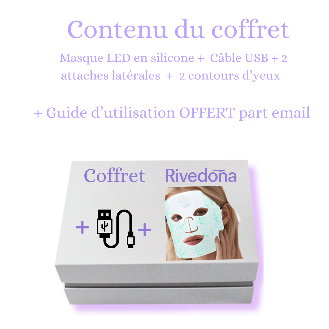 Contenu du coffret : masque LED, câble USB, deux attaches , deux contours d’yeux.
