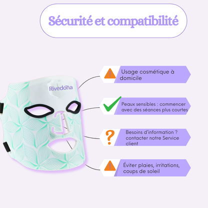  Pictogrammes de sécurité pour masque LED : yeux fermés, éviter peau irritée.