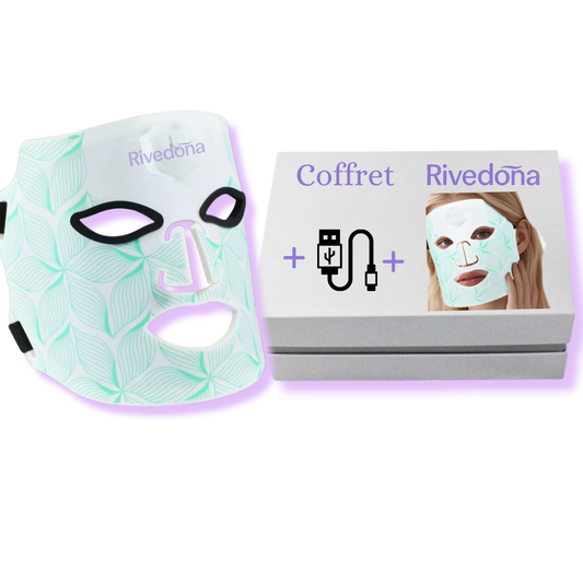 Masque visage LED en silicone souple Rivedoña, 7 couleurs, vue 3/4 sur fond blanc.
