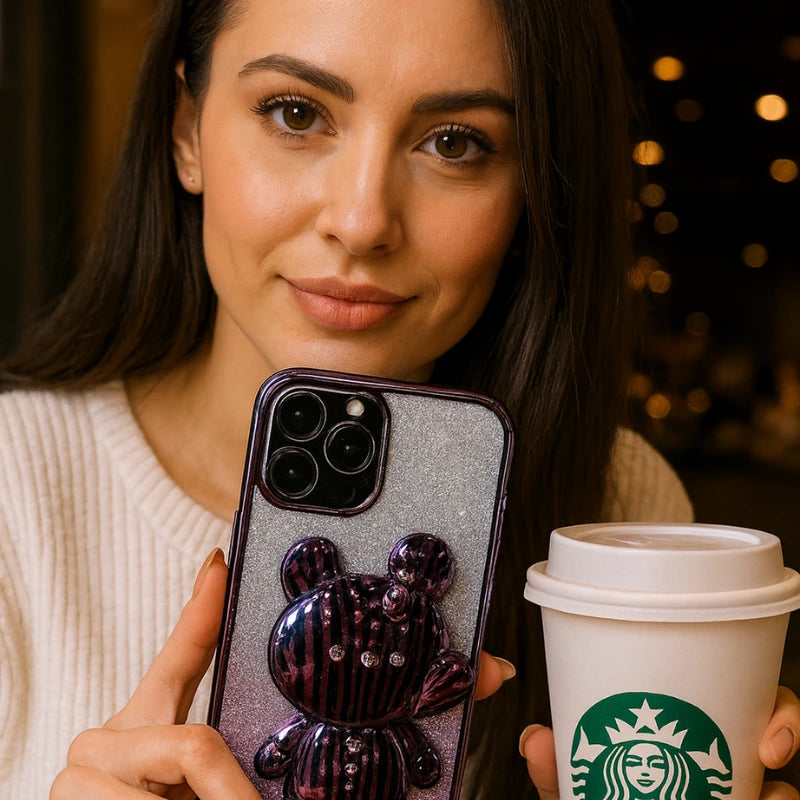 Coque iPhone ourson rose métal - Rivedoña