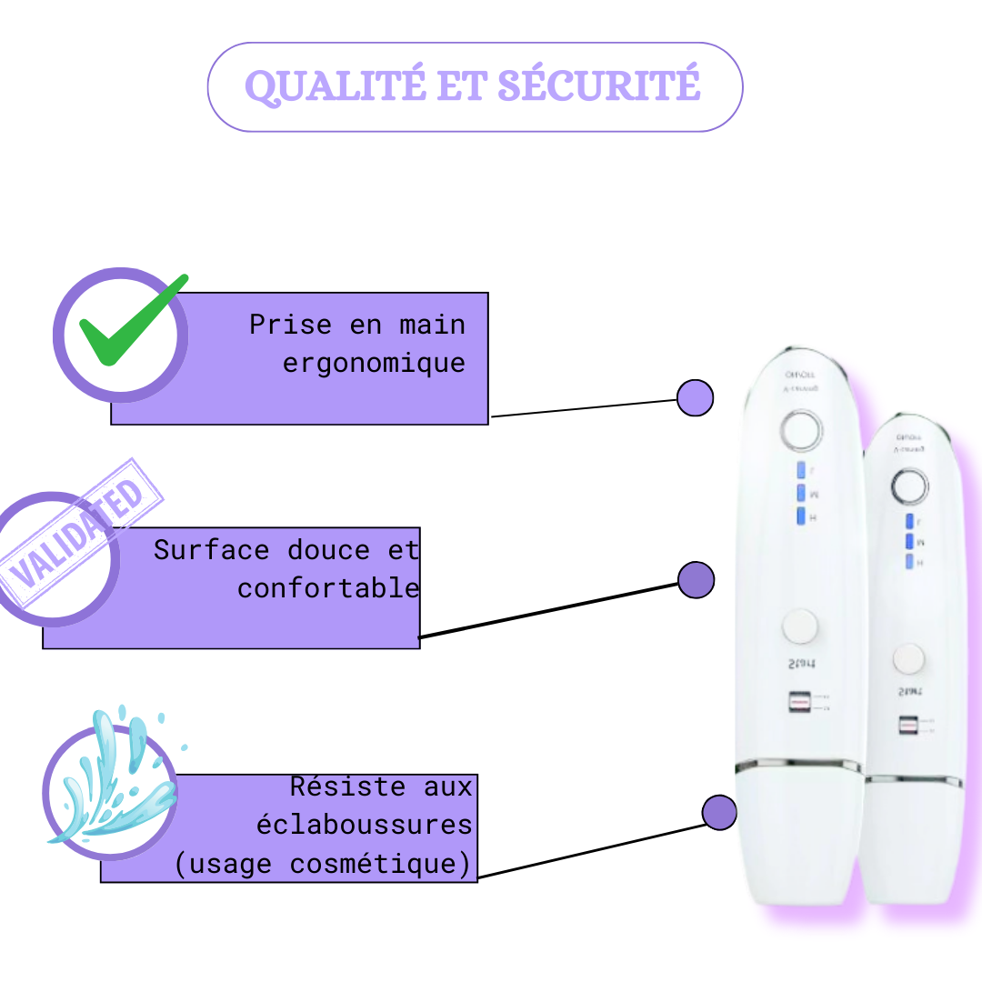 Design ergonomique, résiste aux éclaboussures (usage cosmétique), matériaux sûrs