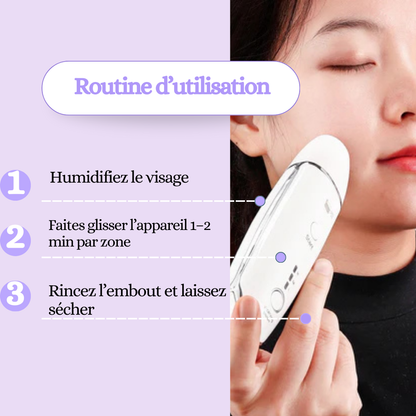 Routine : nettoyer le visage, passer l’embout 2–3 min, rincer l’embout
