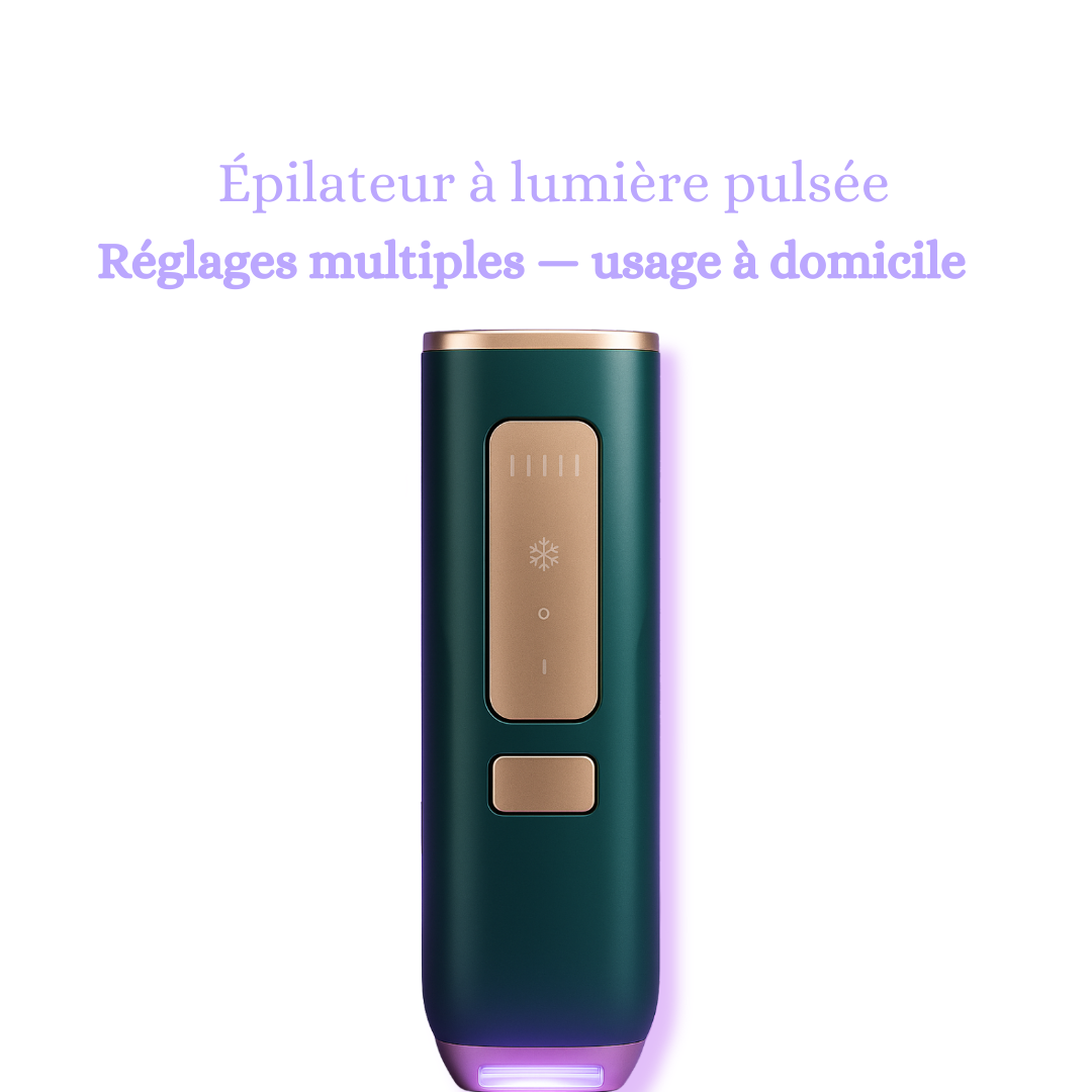 présentation de Épilateur à lumière pulsée sur image avec le nom du produit et le réglage multiples et usage à domicile