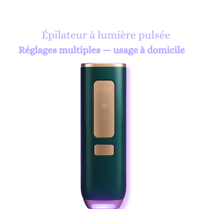 présentation de Épilateur à lumière pulsée sur image avec le nom du produit et le réglage multiples et usage à domicile