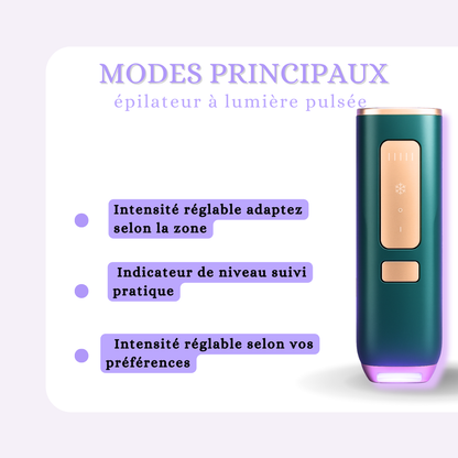 Réglages : intensité ajustable, modes flash & glide, indicateur de niveau
