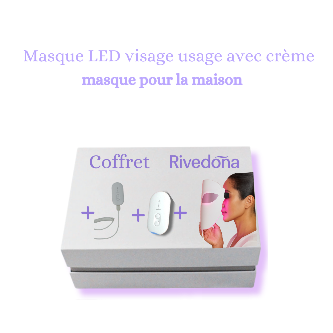 Coffret Rivedoña : masque LED, commande, câble, guide
