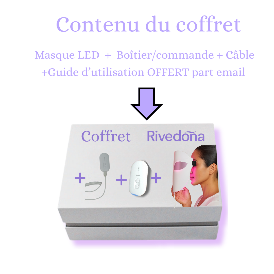 ce que le client va recevoir dans le contenu du coffret masque led cable boitier commande et 1 guide d'utilisation offert part email