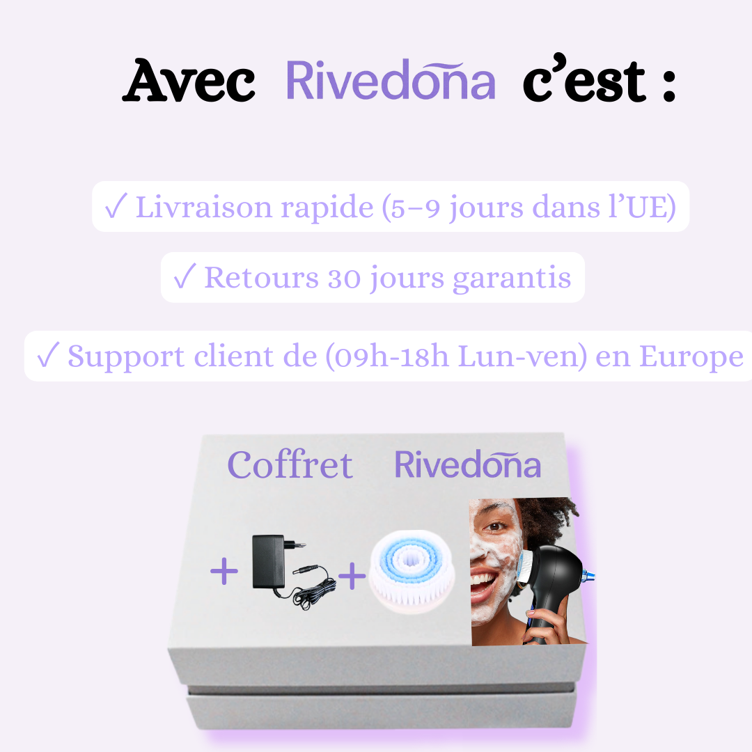 Icônes livraison 5–9 jours, retours 30 jours, support Europe
